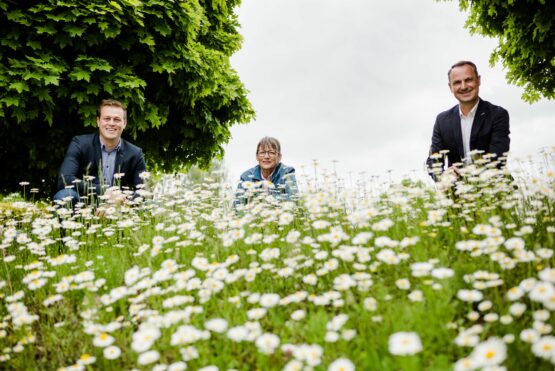 LR Kaineder, Vizebürgermeisterin Elisabeth Reich mit Bürgermeister und Bundesrat Dominik Reisinger auf einer blühenden Margeritenwiese