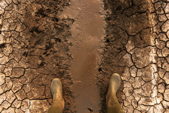 Global warming and climate change effects threat to mankind. Top view of farmer in rubber boots standing on dry land.