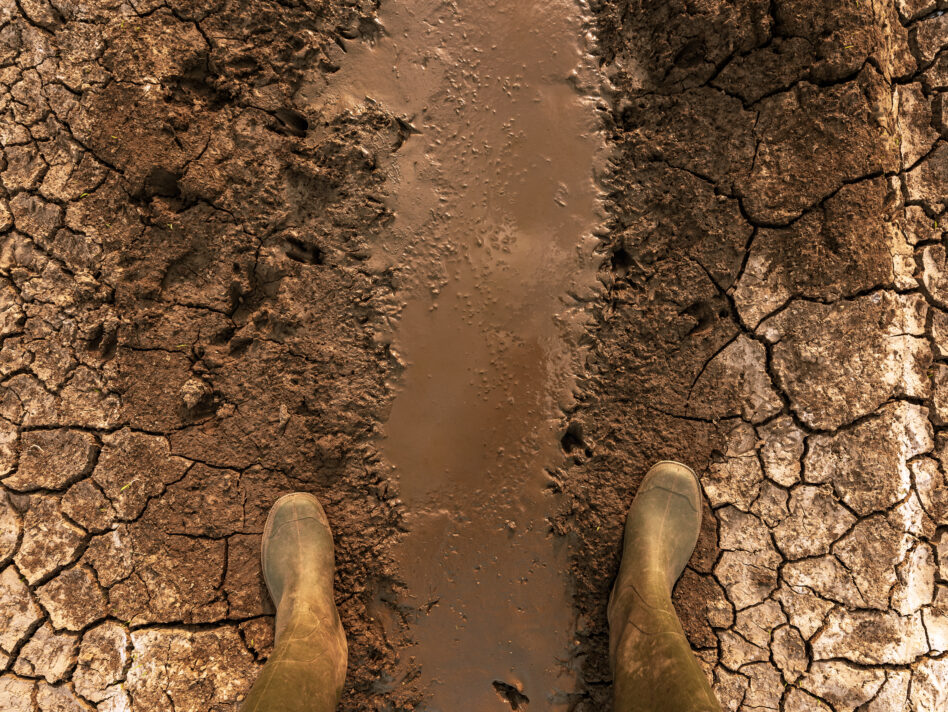 Global warming and climate change effects threat to mankind. Top view of farmer in rubber boots standing on dry land.