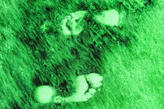 two-footprints-in-the-green-and-black-colored-sand