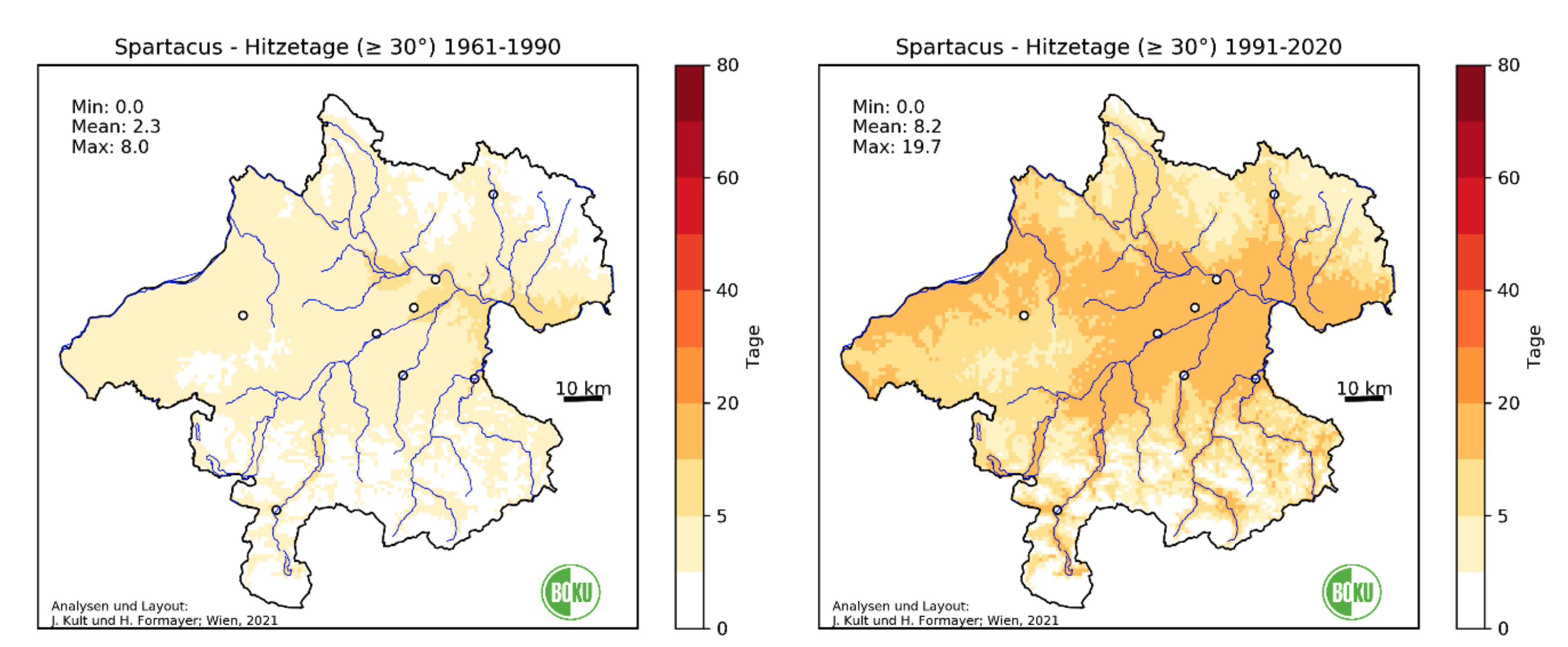 Eine Grafik, die zwei Oberösterreich Karten für die Perioden 1961-1990 sowie 1991-2020 und jeweils eine Temperaturskala zeigt. Die Karte des Zeitraums 1991-2020 zeigt eine deutliche Zunahme der Hitzetage.