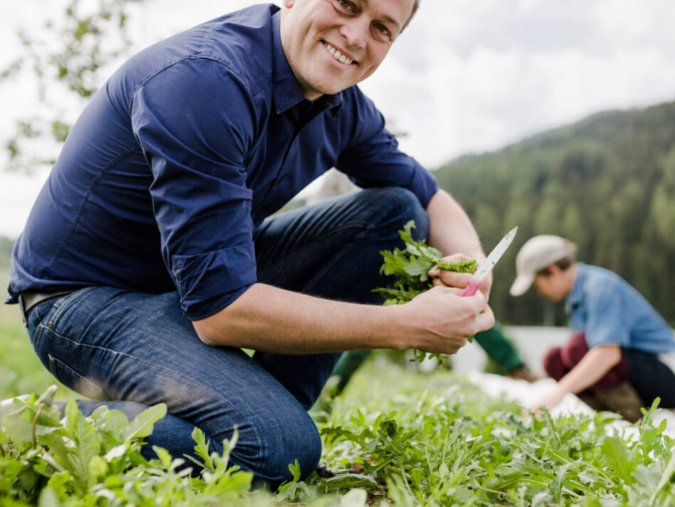 Klima-Landesrat Stefan Kaineder hilft bei der Ernte