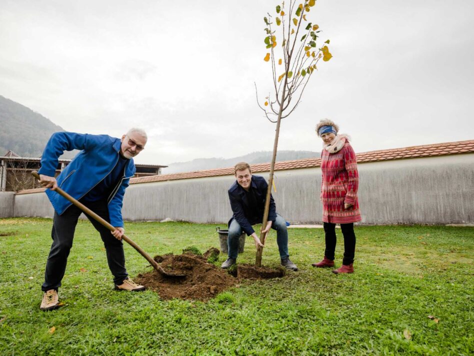 Umwelt- und Klima-Landesrat Stefan Kaineder pflanzte beim Besuch in Ternberg mit Mag.a Lucia Göbesberger (Diözese Linz) und Pfarrer Friedrich Lenhart einen Baum