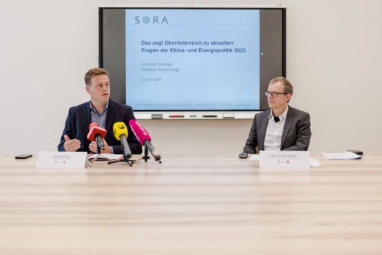 Umwelt- und Klima-Landesrat Stefan Kaineder und SORA-Chef Christoph Hofinger präsentieren die aktuelle oö. Klimaumfrage 2023