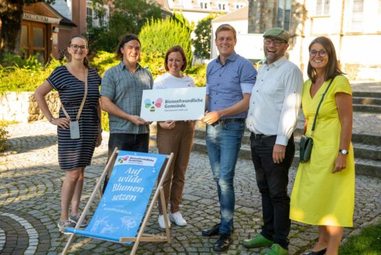 VBgm.in Mag.a Miriam Birngruber, Bienenbeauftragter Logan Kral, StRin Elisabeth Haiböck, Umwelt- und Klima-Landesrat Stefan Kaineder, StR Thomas Kronsteiner und Mag.a Gerlinde Larndofer-Armbruster (Bodenbündnis OÖ).