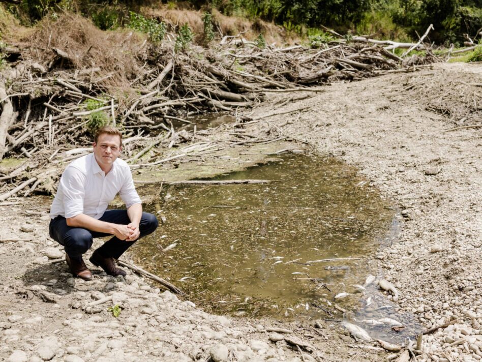 Umwelt- und Klima-Landesrat Stefan Kaineder beim Lokalaugenschein an der ausgetrockneten Krems, wo durch die enorme Hitze und Trockenheit unzählige Fische verendet sind.