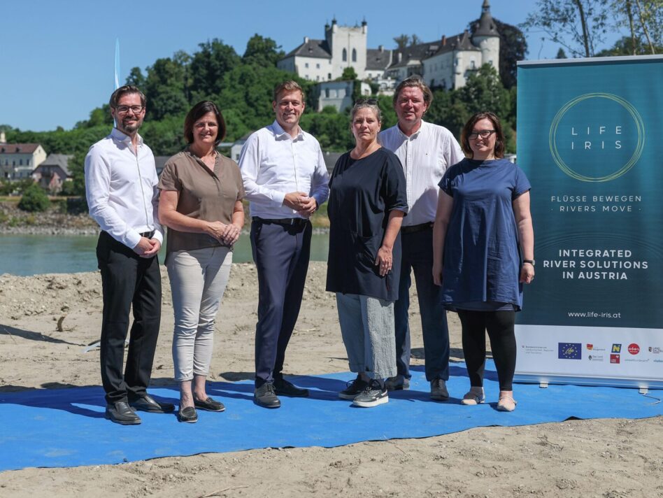v.l.: Wilherings Vizebürgermeister Markus Langthaler, Ottenheims Bürgermeisterin Maria Hagenauer, Oö. Landesrat Stefan Kaineder, Sektionschefin BMLUK Monika Mörth, viadonau-Geschäftsführer Hans-Peter Hasenbichler, Abteilungsleiterin BMIMI Jenifer Oswald
