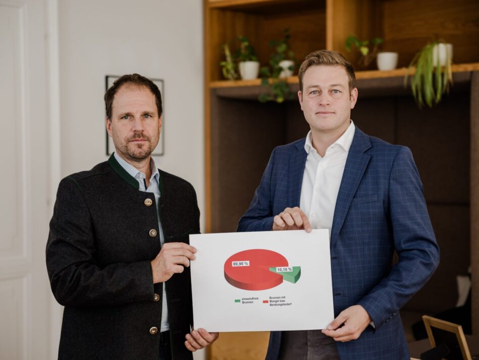 Dipl. Ing. Michael Gutmann (Wassergenossenschaftlicher Bau- und Servicedienstes – Land OÖ) und LR Stefan Kaineder präsentieren die Ergebnisse der oö. Hausbrunnenanalyse